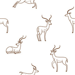 Cartoon happy antelope - seamless trendy pattern with animal in various poses. Contour vector illustration for prints, clothing, packaging and postcards.
