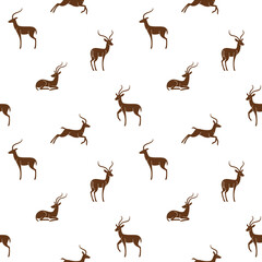 Simple seamless trendy animal pattern with silhouette of antelope. Cartoon vector illustration.