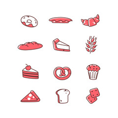 Bakery shop logo, 12 line icons. Vector illustration in cartoon style.