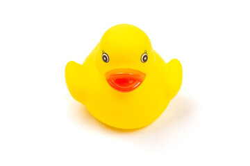 One rubber duck isolated on white background, horizontal, closeup