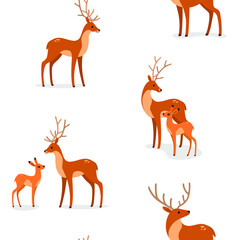 Fototapeta na wymiar Simple seamless trendy animal pattern with fawn and deer. Cartoon vector illustration.