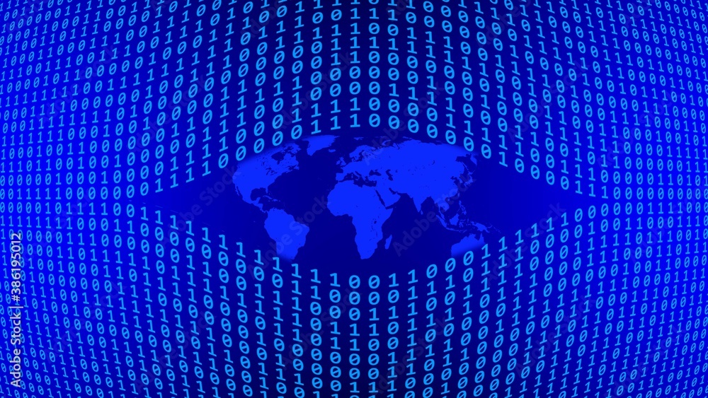 Poster world map integrated into a binary code screen of bright blue digits on a blue background - picture 