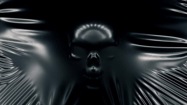 The silhouette of a human skull stretches black latex. Horror concept. 3d render