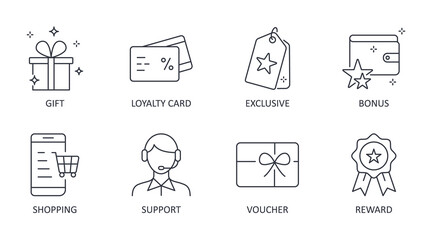 Vector loyalty program icons. Editable stroke symbols. Gift, loyalty card vip exclusive support. Discount shopping stars voucher reward bonus - obrazy, fototapety, plakaty