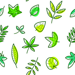 Simple seamless foliage pattern. Flat design print with different leaves. Vector illustration on white background.