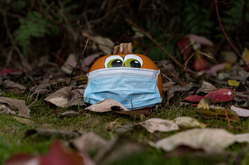 Pumpkin with two painted eyes wearing a protective mask lying in grass surrounded by autumnal...