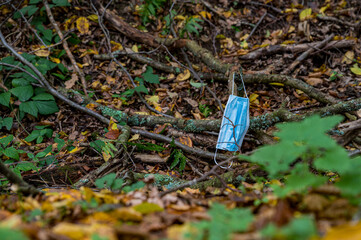 Discarded face mask hanging on a branch in a autumnal underwood.