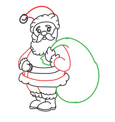 An illustration depicting Santa Claus with a bag full of Christmas gifts.