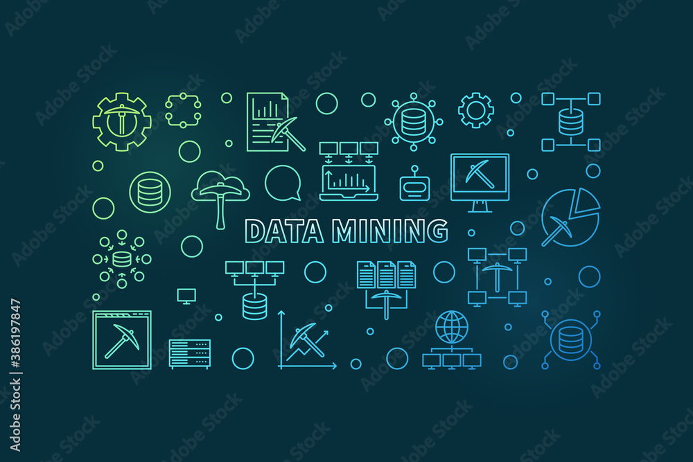 Poster data mining concept colorful linear horizontal banner. vector illustration