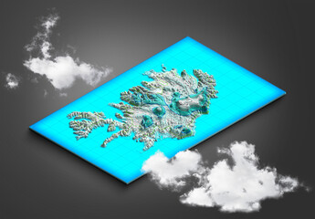 Satellite view of Iceland, map. Clouds and snow, annual rainfall. 3d render. Weather. Section of the island. Reykjavik