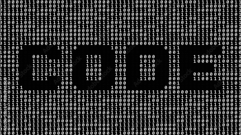 Poster CODE - lettering cut out as part of a binary code screen consisting of gray digits on a black background - 3D illustration