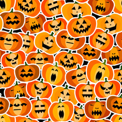 Seamless halloween scary orange pumpkins pattern. Funny, creepy, smiling face on black backgrounds. Autumn characters stickers. Happy Halloween festive symbol. Spooky vector flat style illustration