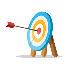 Target with an arrow hit the center. Business challenge and goal achievement concept. Vector illustration isolated on white background.	