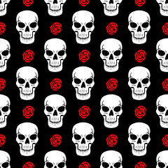 Skulls and Red Rose Flowers Seamless Pattern