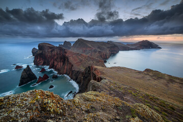 Cliffs view on east coast of Madeira island at sunrise. Ponta de Sao Lourenco. Portugal. Europe.