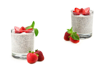 Chia pudding with strawberry and mint on a white background. Space for text or design.
