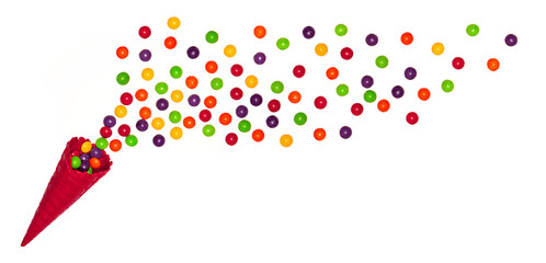 Ice cream cone flat lay image with colorful sweets, candy packing into the cone. Creative layout isolated on white background. Food concept. top view, copy space for text