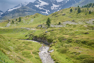 Bernina, Switzerland - July 22, 2020:Panorama from Bernina express train
