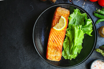 fried salmon fish bbq grill seafood portion meal on the table tasty serving size portion top view copy space for text food background rustic