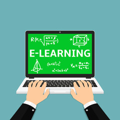 E-learning flat illustration of human hand using laptop for distance elearning