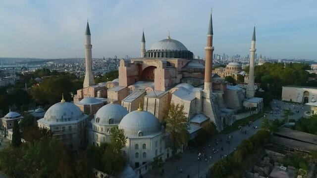 Aerial view of Hagia Sophia, Blue Mosque and Palace in Istanbul City. Ayasofya,
