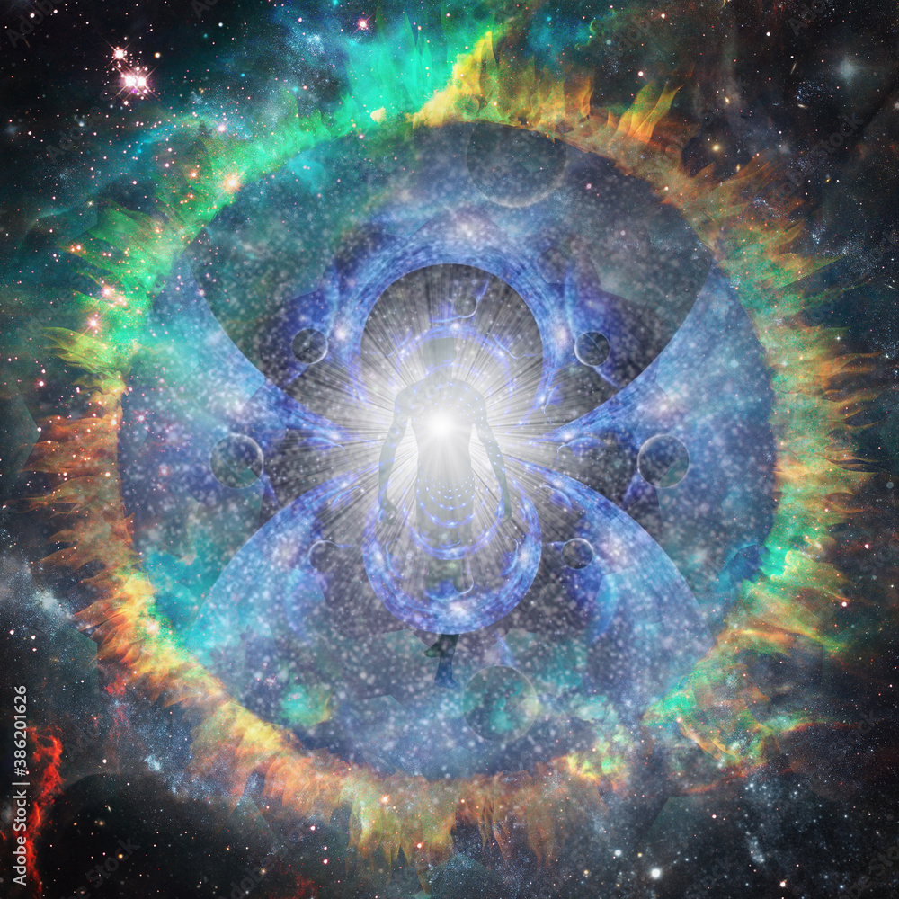 Poster essence of light in space. spirit or aura. 3d rendering