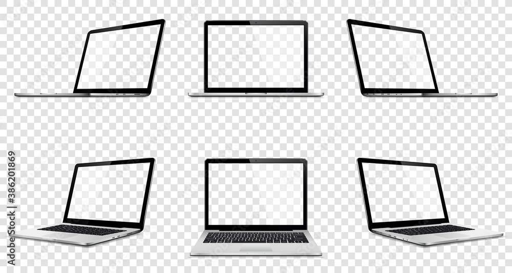 Poster laptop set mock up with transparent screen isolated