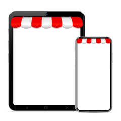 Realistic tablet and smartphone with awning for web design, banner, mobile app, landing page. Concept Shopping Online. Outdoor awnings.