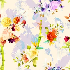 Foto op Canvas Seamless background pattern with abstract flowers, bamboo and tropical leaves colored pastel. Hand drawn illustration. vector - stock. © iMacron