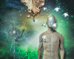 Fototapeta na wymiar Man open door in face, winged light bulbs, warped time drips, gleaming robot, large flame, watchful eye and further still is deep space. 3D rendering
