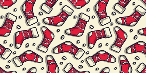 Colored seamless pattern wallpaper with christmas sock for the new year holiday. Winter illustration of mittens and snow for december party design
