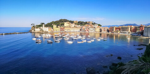 Fototapeta premium Ultra wide panorama of the Bay of Silence in Sestri Levante