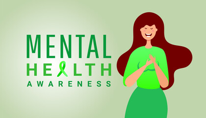 World mental health day concept. Cartoon young girl save sign on green background with copy space
