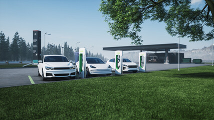 Electric vehicle charging with gas station background. Charging station for electric cars in the background of a gas station. Comparing electric versus gasoline station. 3d illustration