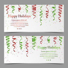 Vector cards with red and green serpentine, ribbon, dust confetti isolated on white background. Elements for banner, holiday design, logo, web, invitation, business, party. Vector illustration.