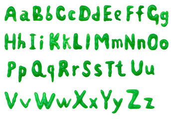 English alphabet. Green slime letters. Isolate on white background, photography