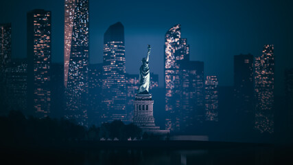 Statue of liberty on the night skyscrapers background. The Statue of Liberty with Lower Manhattan background. 3d illustration