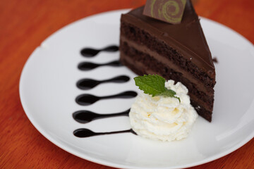 slice of tasty homemade chocolate cake on white plate