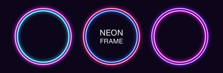 Neon circle Frame. Set of round neon Border with double outline. Geometric shape