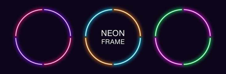 Neon circle Frame. Set of round neon Border in 4 outline parts. Geometric shape