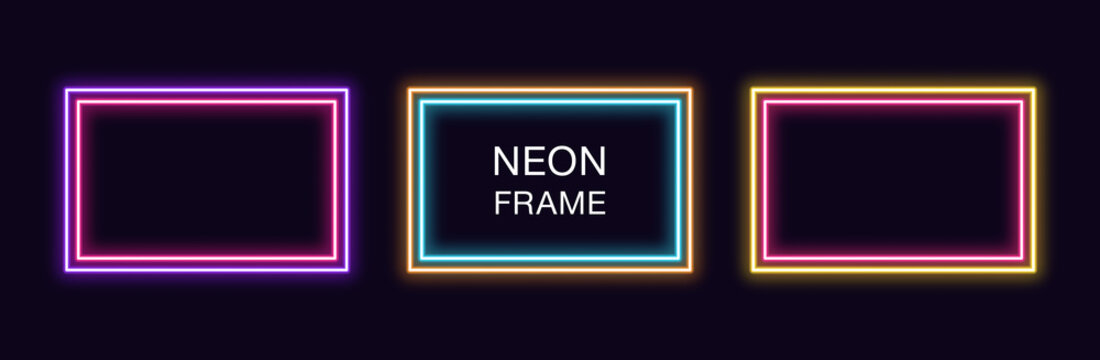 Neon rectangle Frame. Set of rectangular neon Border with double outline. Vector geometric shape