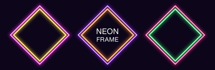 Neon rhomb Frame. Set of rhombus neon Border with double outline. Geometric shape
