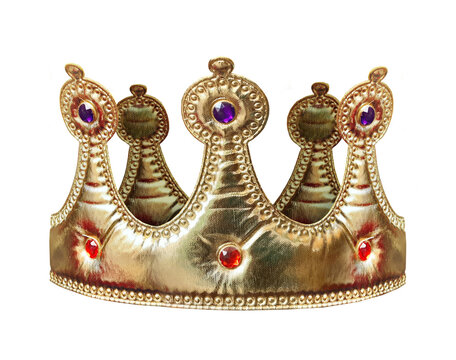 There is a golden toy crown decorated with rubies. White background. Isolated.