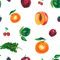 Fruits on a White Background. Watercolor colorful illustration. Seamless pattern.