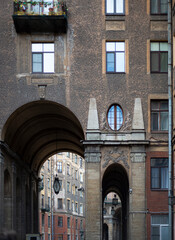  Architectural backgrounds. Houses and courtyards of St. Petersburg. Arch window lights. 18th -...