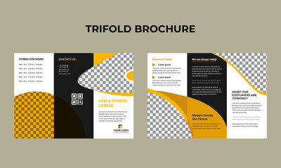 Fitness/gym tri-fold brochure design template, Modern cover brochure flyer design template. Layout with modern photo and abstract background. Creative concept folded flyer or brochure.