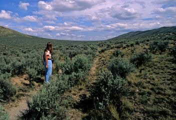 Person viewing the Old Oregon Trail. Wagon wheel tracks from mid 1830’s are still visible in sagebrush desert, SE Oregon - obrazy, fototapety, plakaty