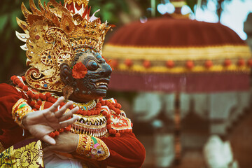 Traditional Balinese costume and mask Tari Wayang Topeng - characters of Bali culture. Temple...