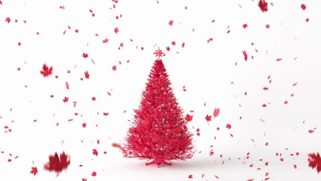 Falling Red mable with Red Christmas Tree on white background. 3D animation. Minimal Christmas Idea concept.