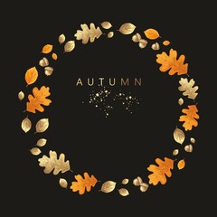 Autumn frame of acorns, orange and golden leaves on the dark background, hand-drawn.